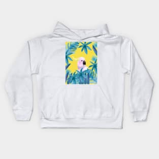 Cockatoo with tropical leaves in watercolor and a yellow background Kids Hoodie